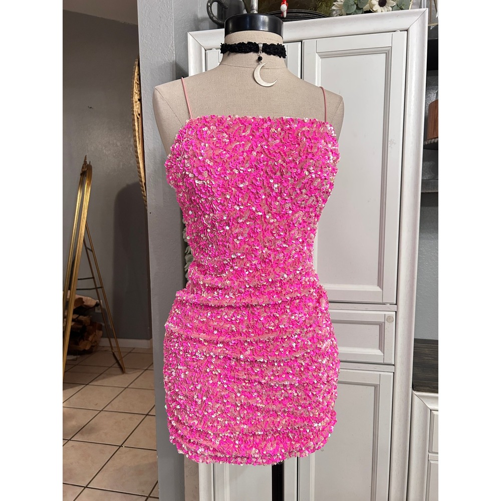 Pink Sequin Bodycon Mini Dress Spaghetti Strap SMALL Homecoming Formal Party